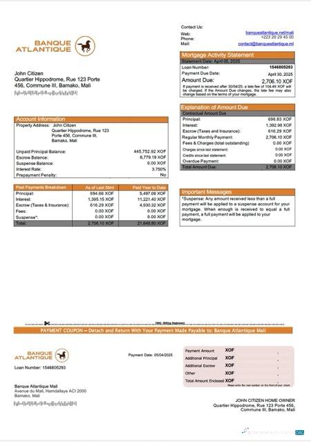 Download Mali Banque Atlantique Mali mortgage statement Word and PDF template Photoshop template
